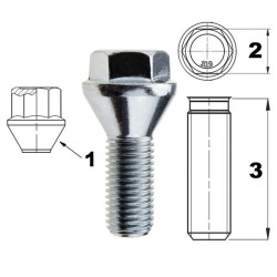 Fælg-/hjulskrue M12x1,25 konisk / K17 – 24 mm – kort hoved