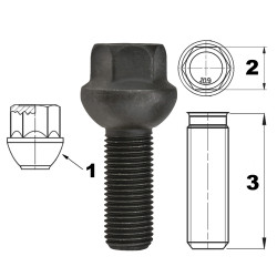 Sort skrue til alu- og stålfælge, M14x1,5, kuglehoved, R14 – 34 mm, Carbonado K19